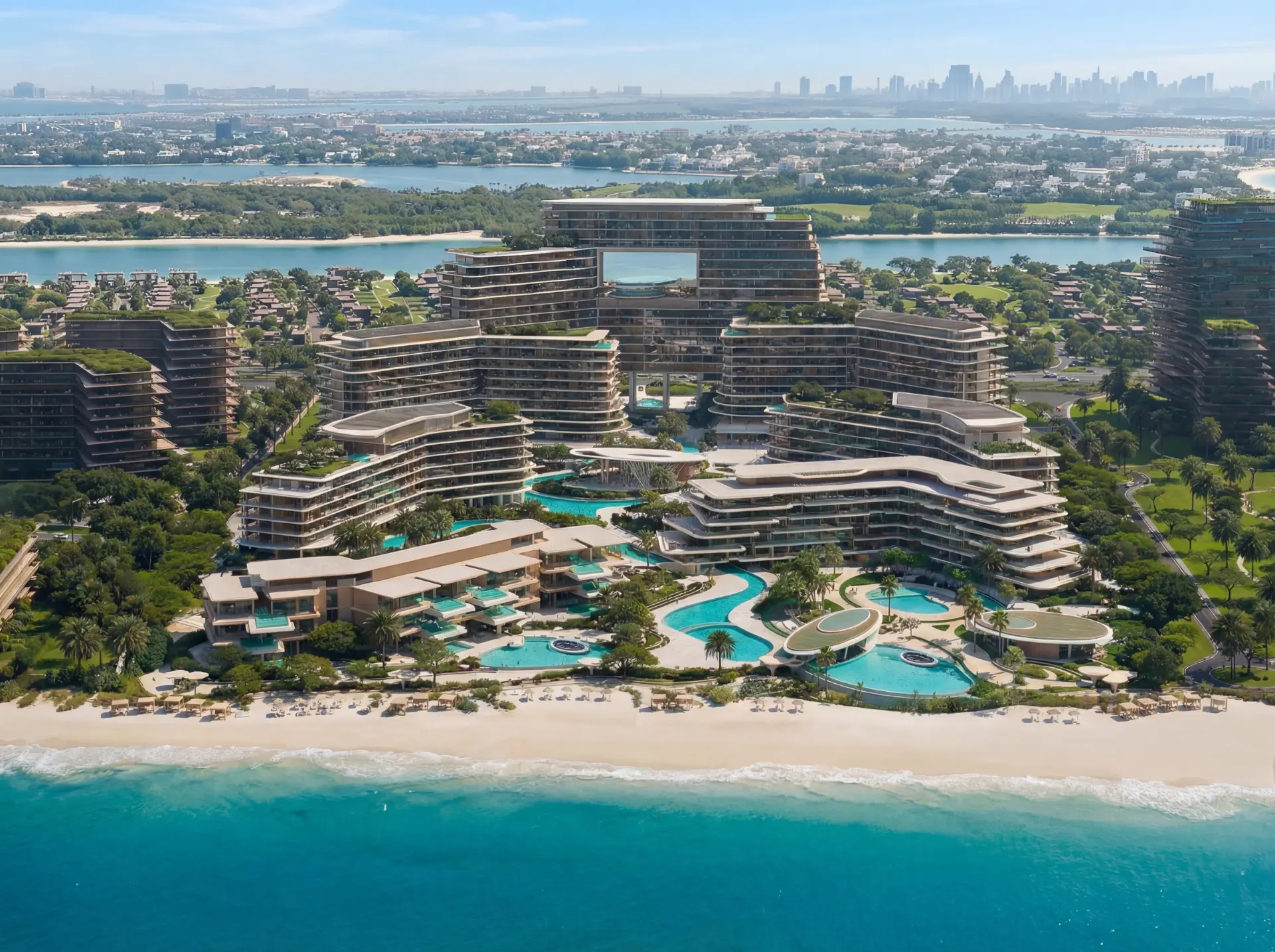 Aerial view of Dubai Islands waterfront apartments, marina and beach at golden hour