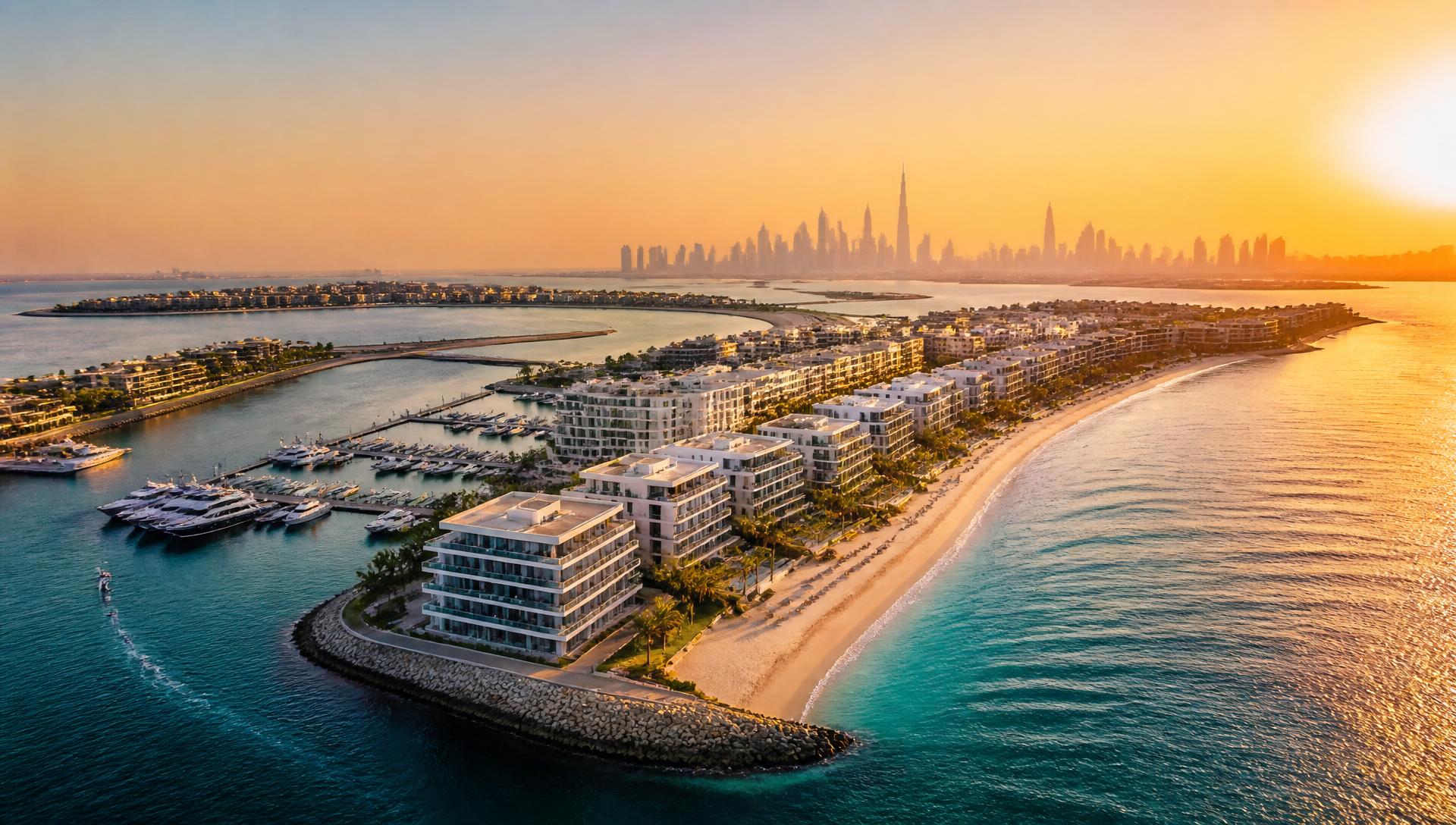 Aerial view of Dubai Islands waterfront apartments, marina and Blue-Flag beach at golden hour