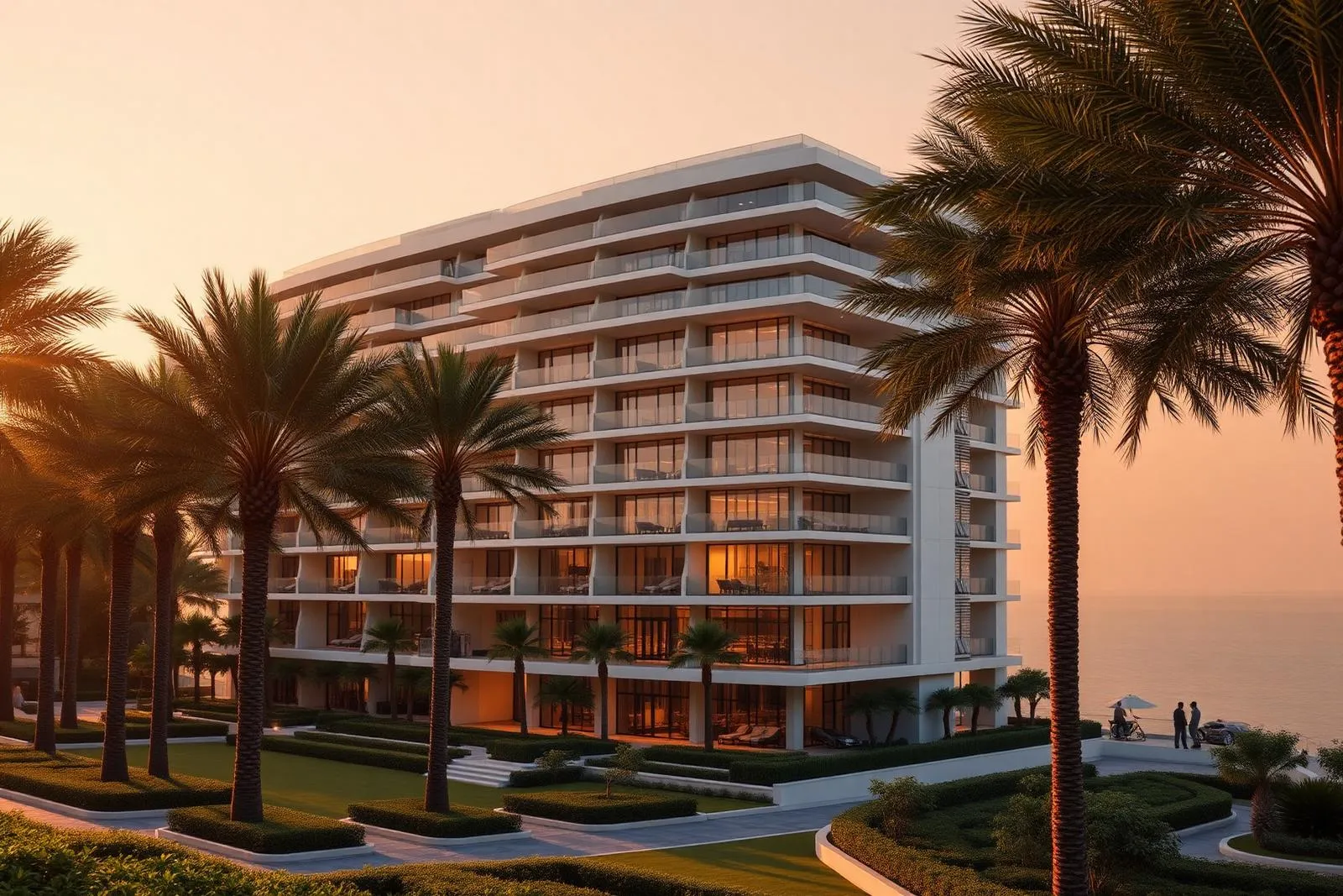 Three 12-storey towers rising from a tropical island garden.