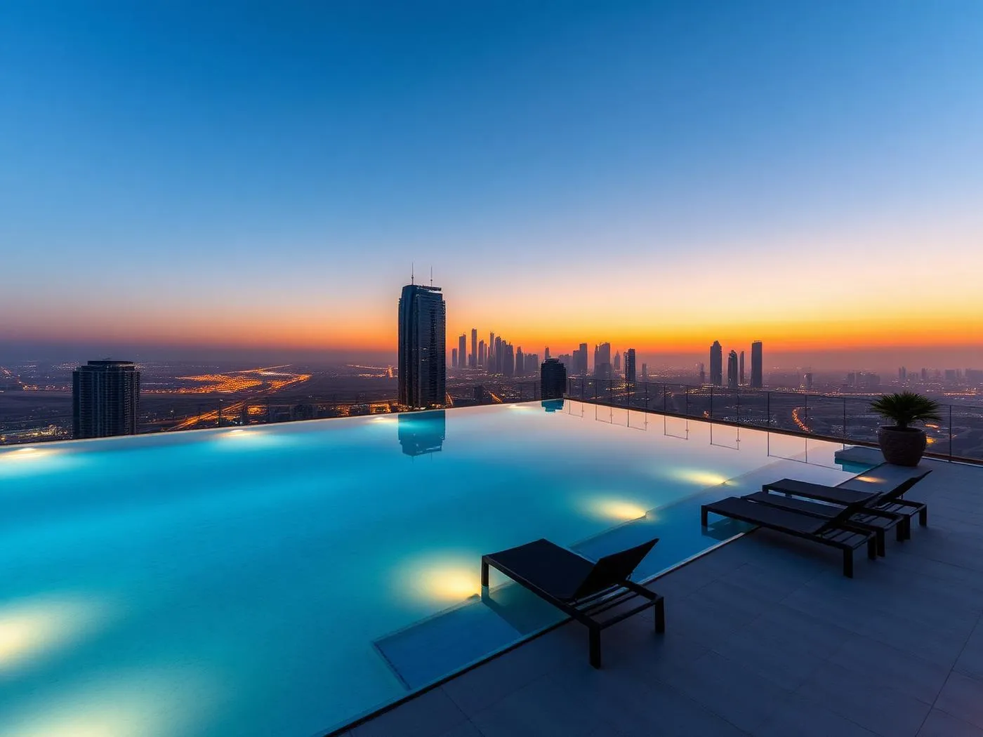 A 30-metre rooftop infinity pool framing the JVC skyline.