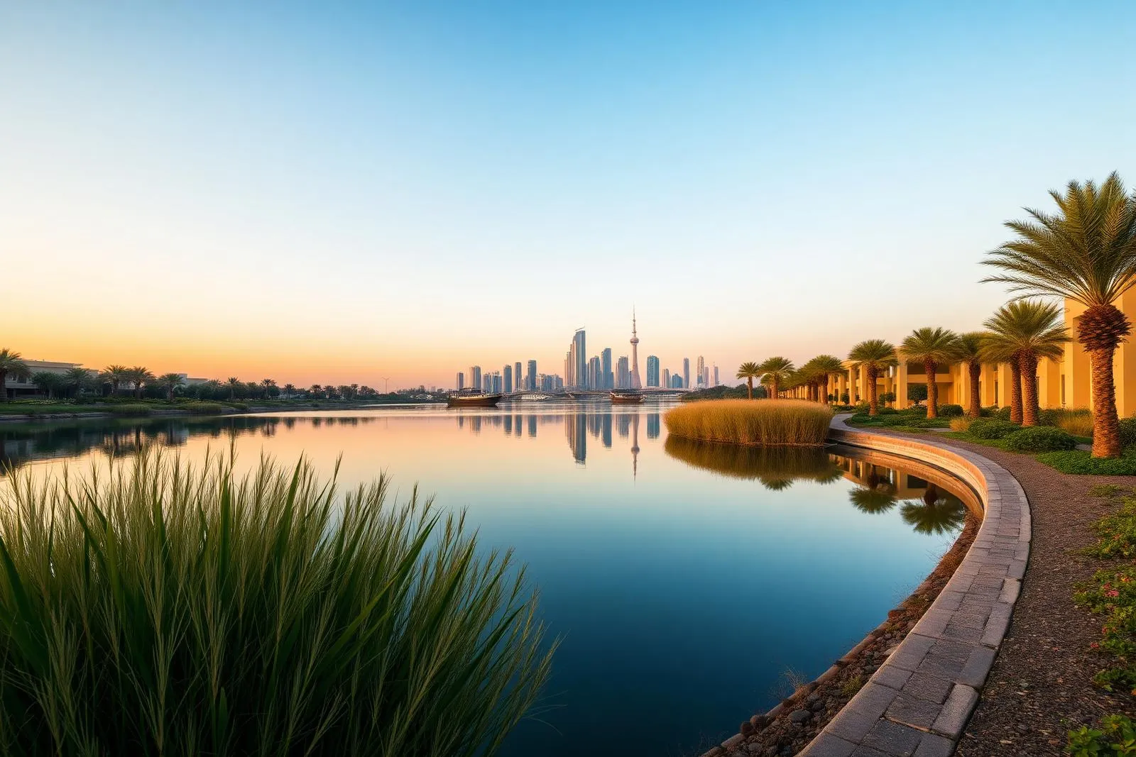 Community lagoon — a reflective landscape at the heart of the residences.