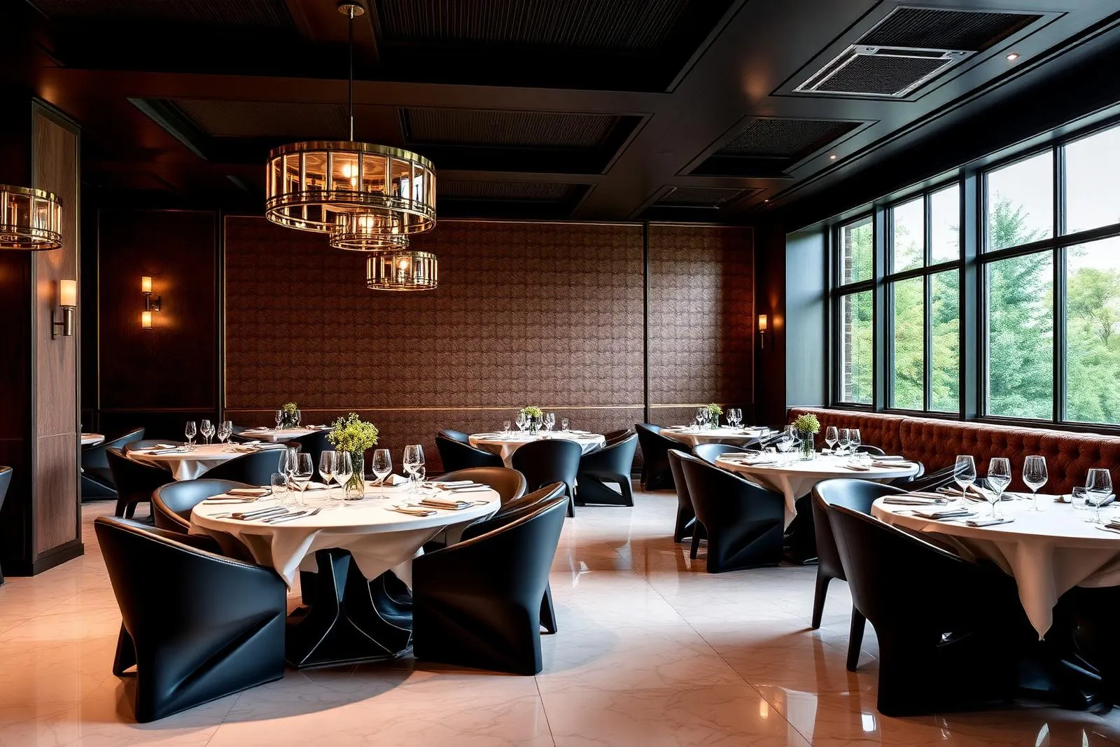 The Supper Club: porcelain floors, sculptural tables, warm light.