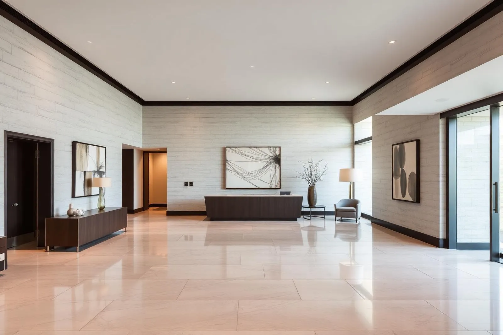 Lobby — a serene threshold of curated art and tactile materials.