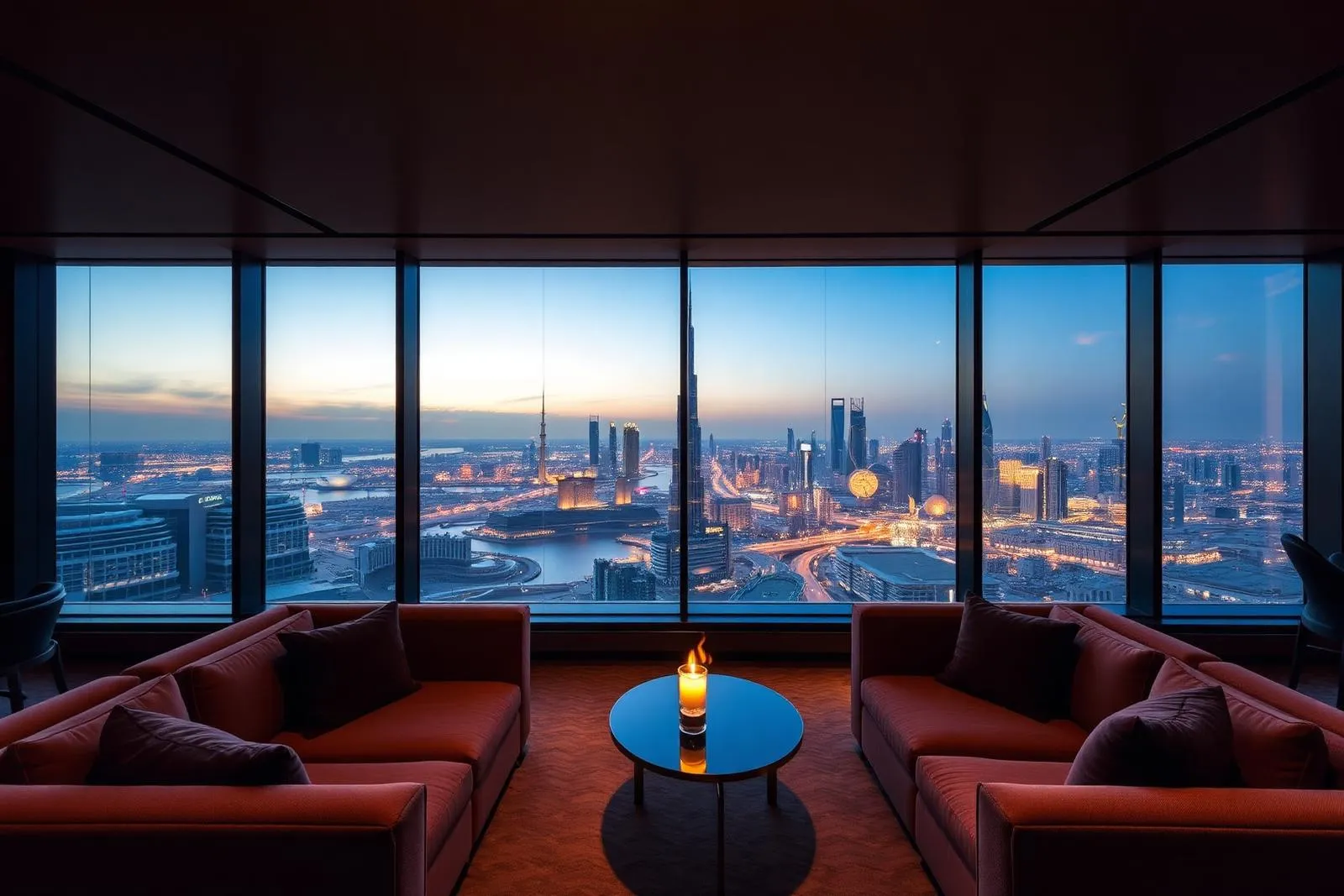 A private sky lounge framing the Dubai skyline.