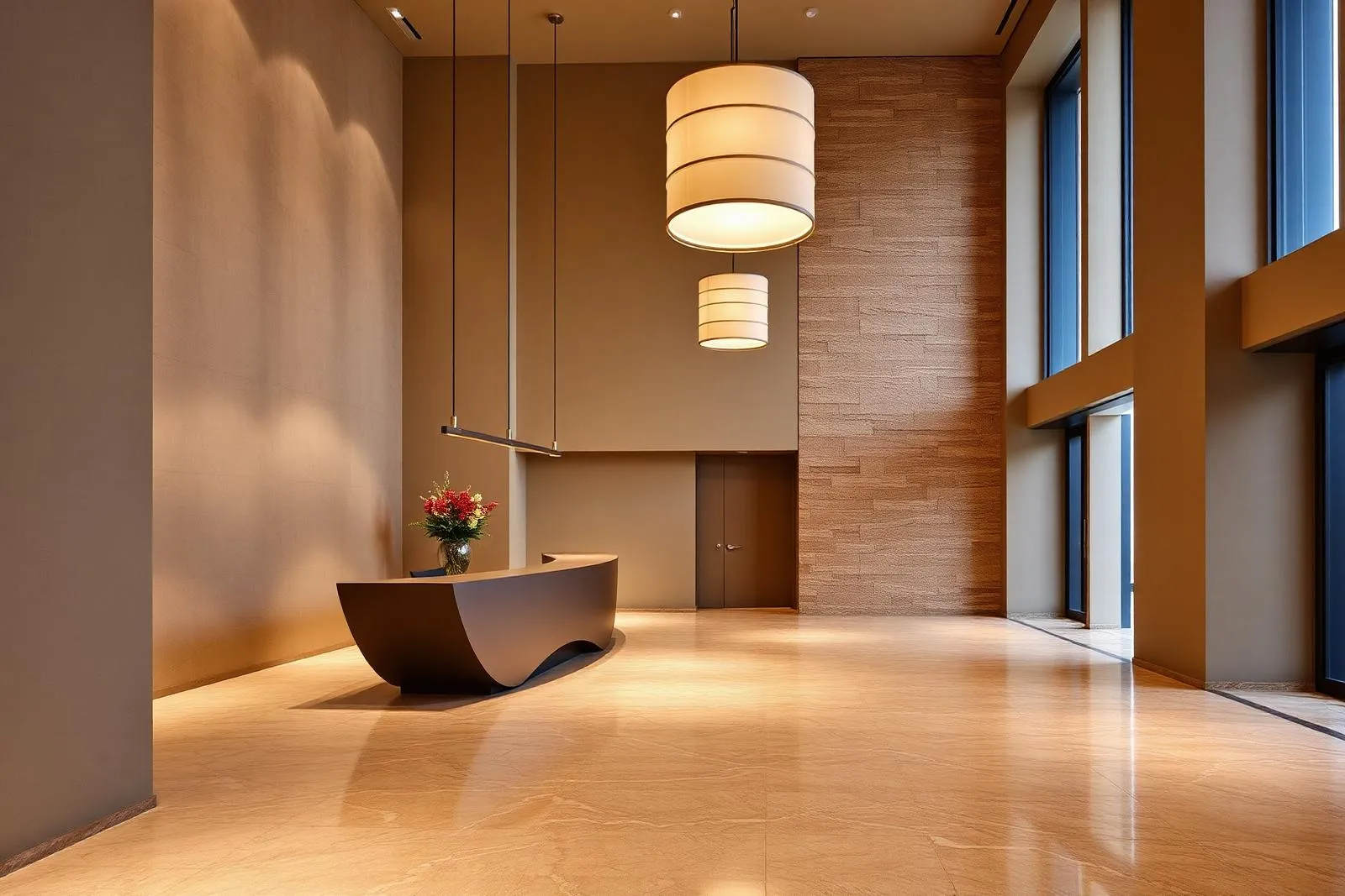 A grand, hotel-style lobby in natural stone and warm timber.
